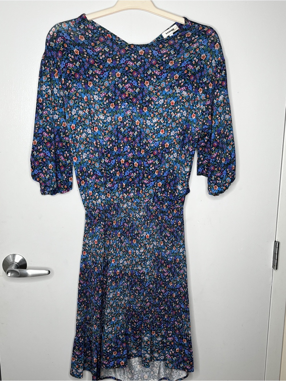 Sandro Floral Open Back Smocked Mini Dress Size 42